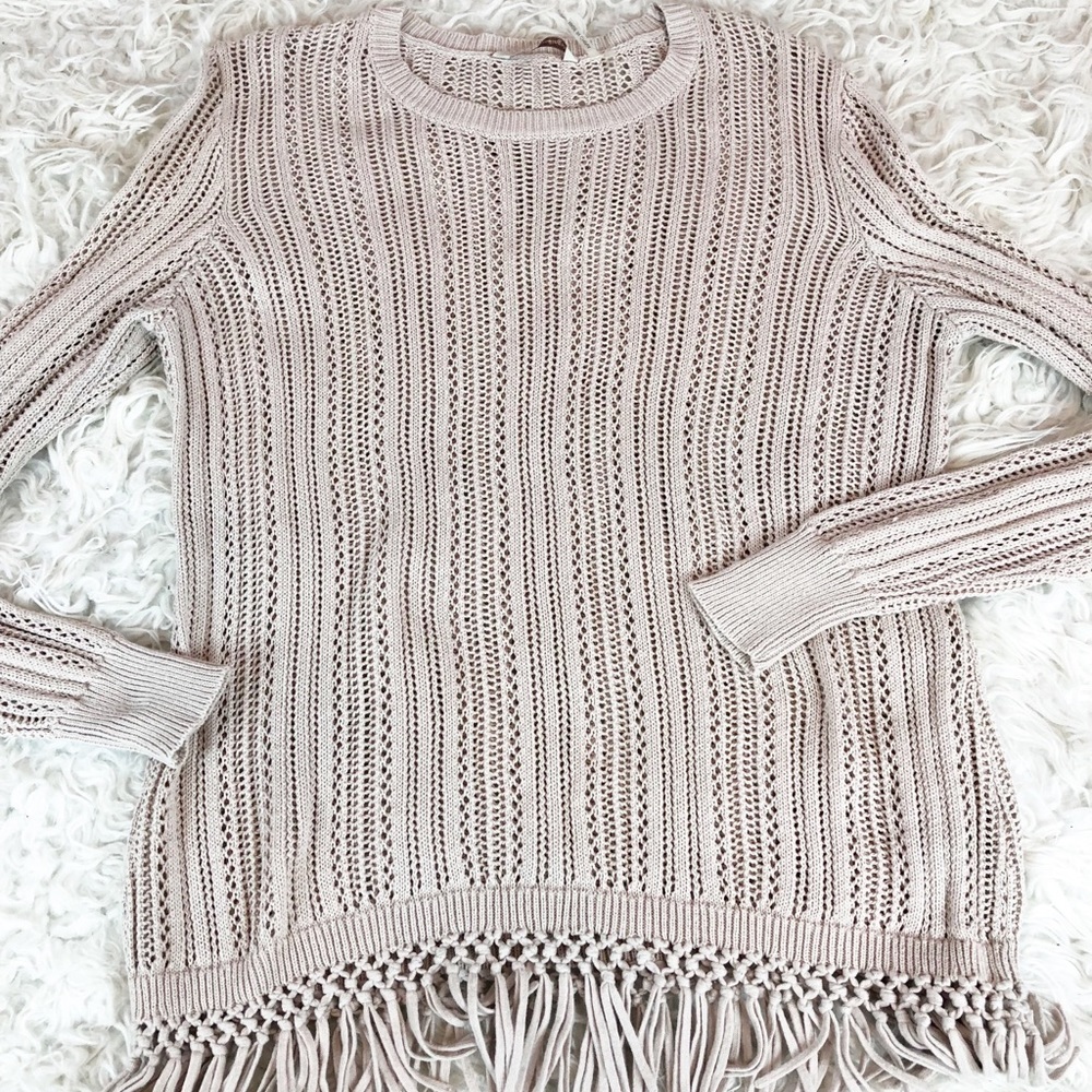 Soft Surroundings Tan Fringe Trim Sweater Sz. L